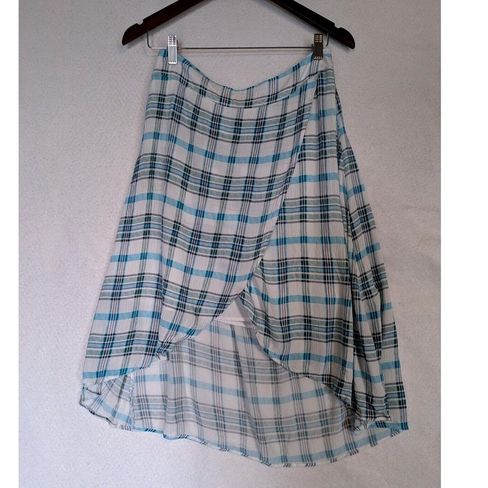 a.n.a Plaid Wrap Skirt Women 10 White Blue High-Low Elastic Waist Lined Rayon